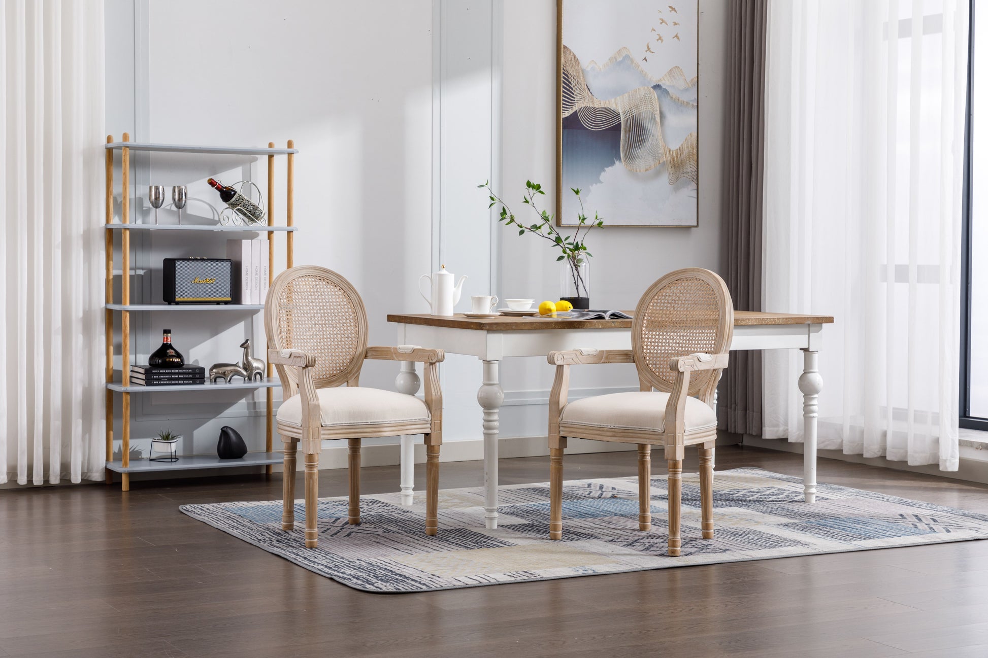 French Vintage Upholstered Fabric Dining Armchair, Set of 2, Beige image 12