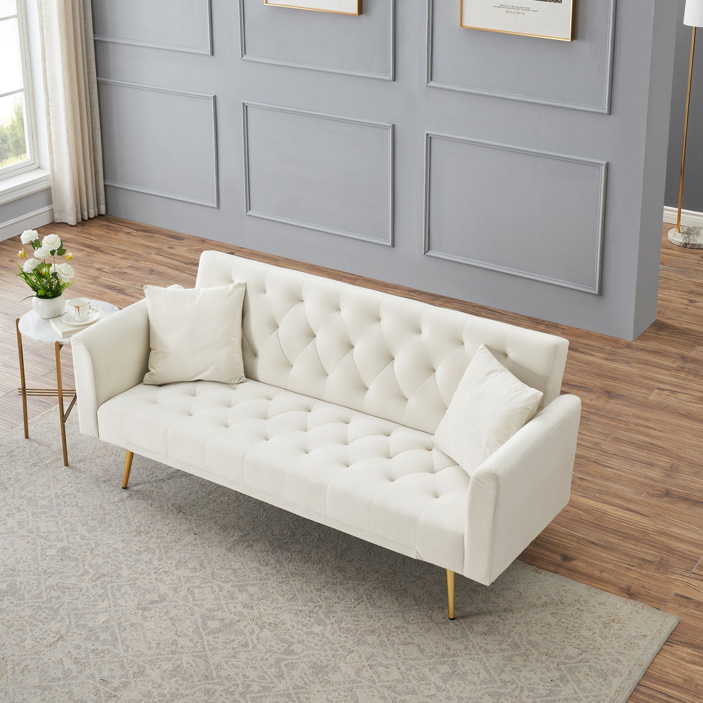 71 inch convertible love seat sofa, American retro beige velvet, suitable for small living room, bedroom, office image 5