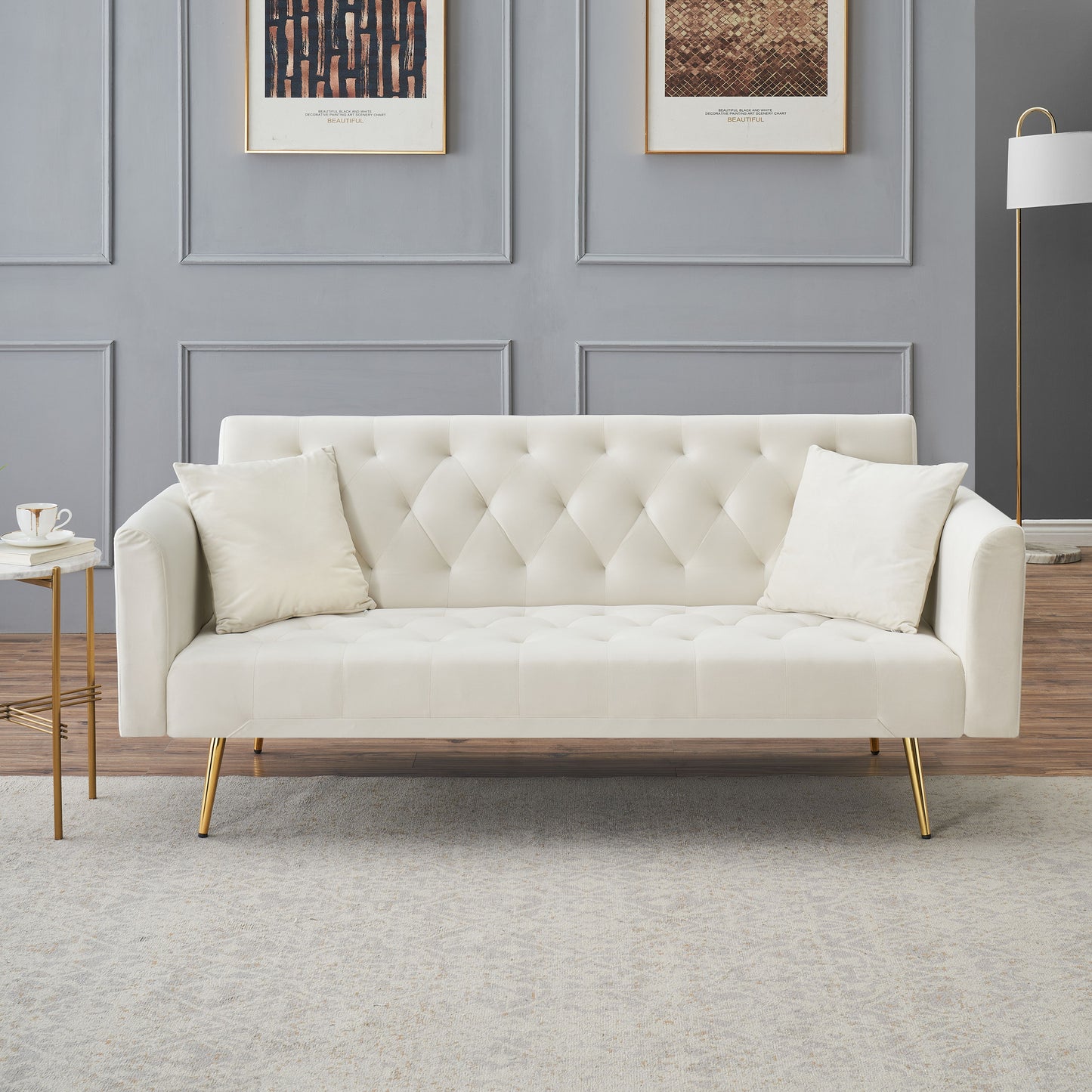 71 inch convertible love seat sofa, American retro beige velvet, suitable for small living room, bedroom, office image 7