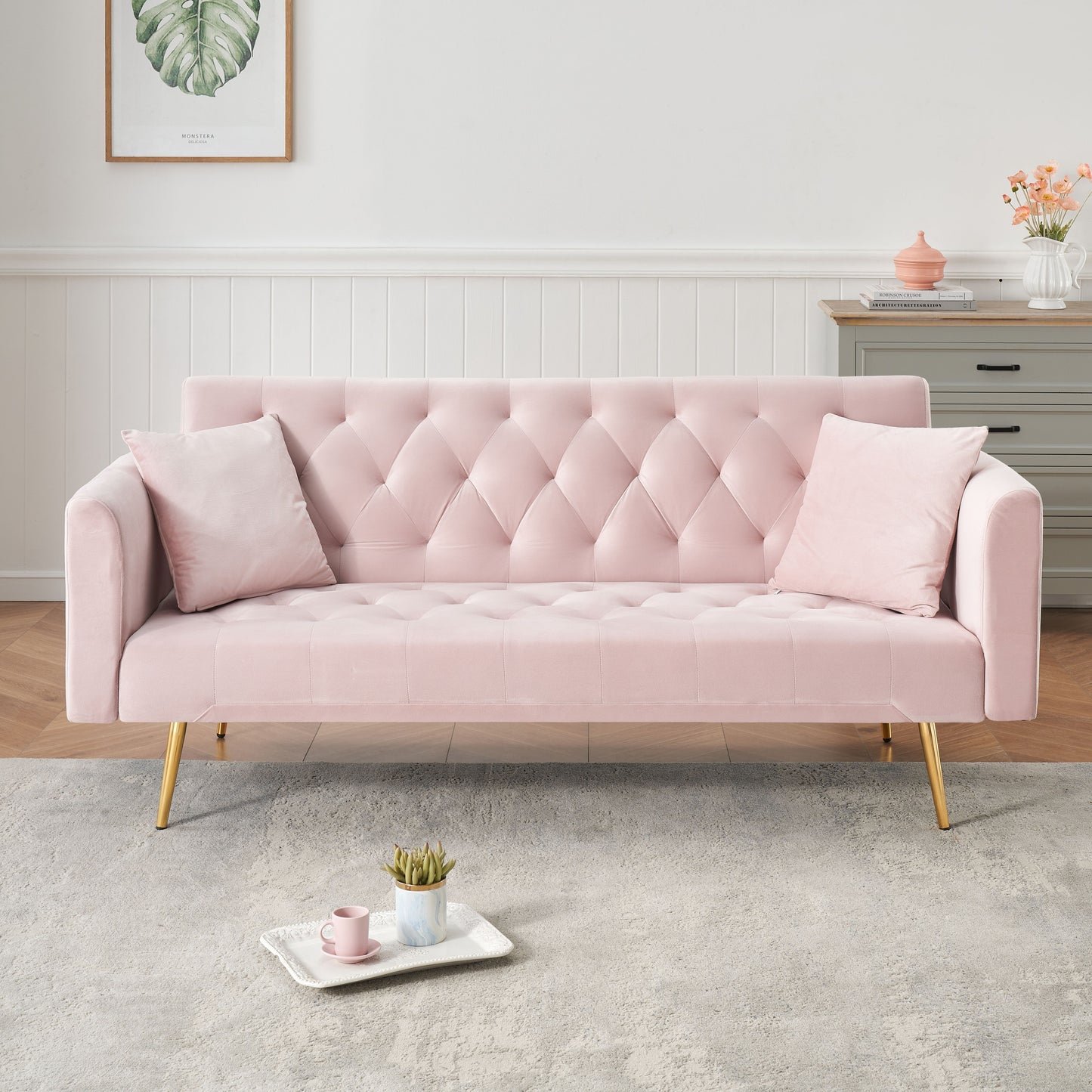 71 inch convertible love seat sofa, American retro pink velvet, suitable for small living room, bedroom, office image 1