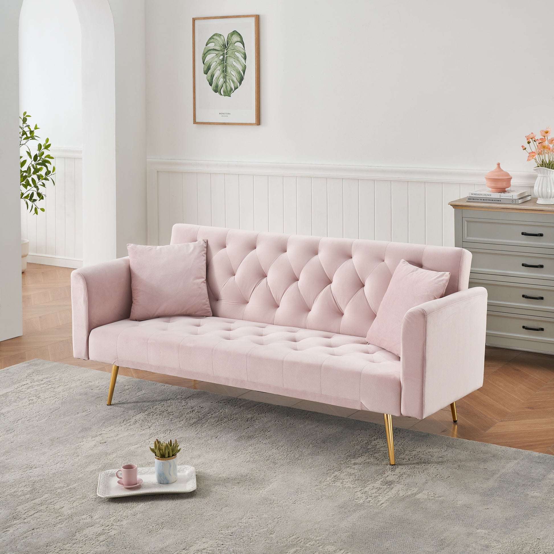 71 inch convertible love seat sofa, American retro pink velvet, suitable for small living room, bedroom, office image 2