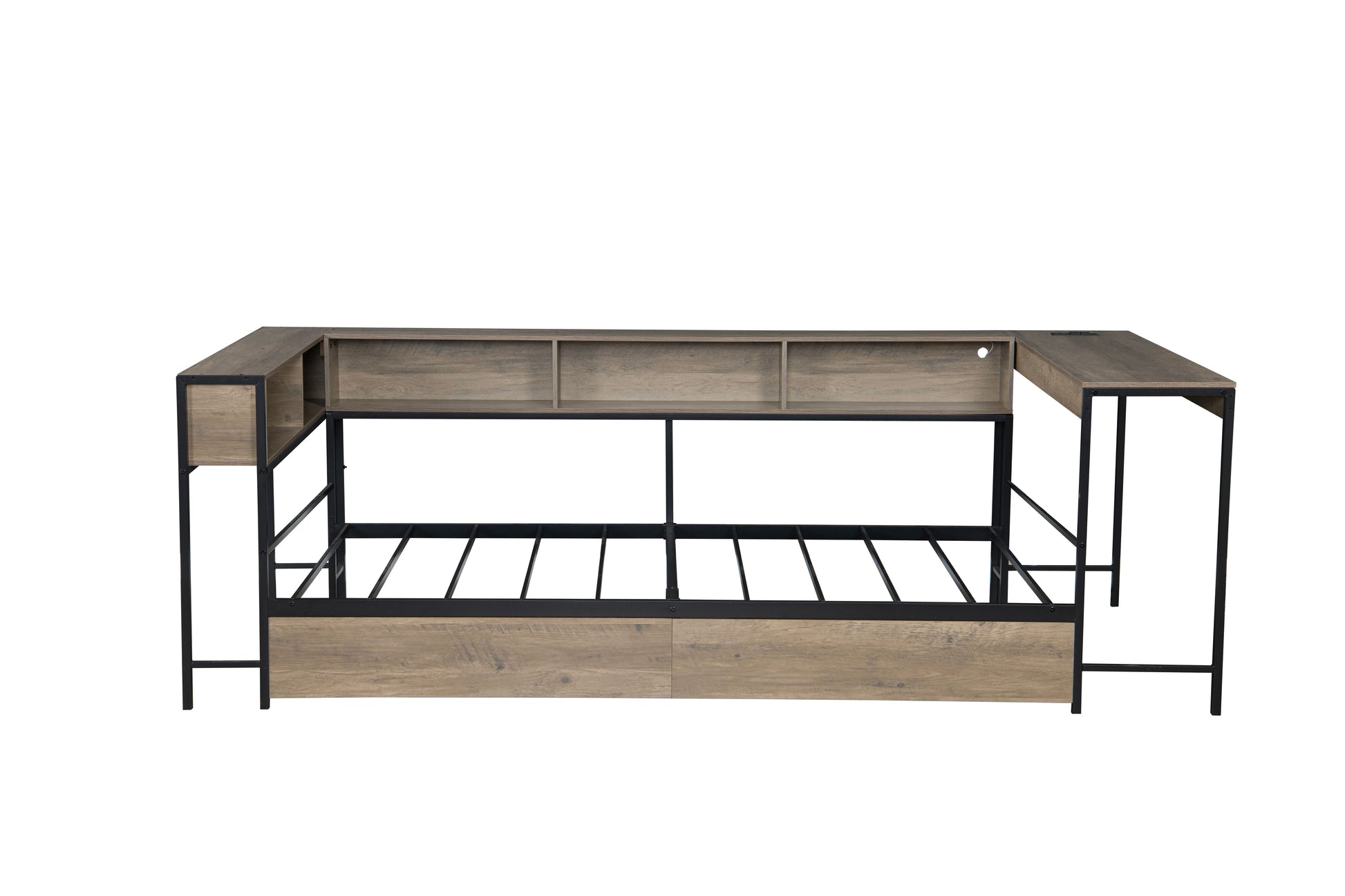 Corner Bed Frame Twin Size with Bookcase and 2 Underbed Storage Drawers, Modern Twin Bed with LED Light and Charging Station, Grey image 10