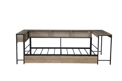 Corner Bed Frame Twin Size with Bookcase and 2 Underbed Storage Drawers, Modern Twin Bed with LED Light and Charging Station, Grey image 10