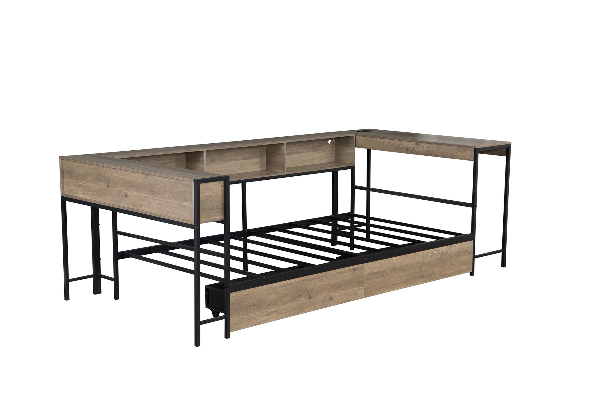 Corner Bed Frame Twin Size with Bookcase and 2 Underbed Storage Drawers, Modern Twin Bed with LED Light and Charging Station, Grey image 11