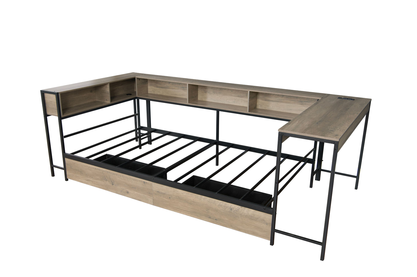 Corner Bed Frame Twin Size with Bookcase and 2 Underbed Storage Drawers, Modern Twin Bed with LED Light and Charging Station, Grey image 12
