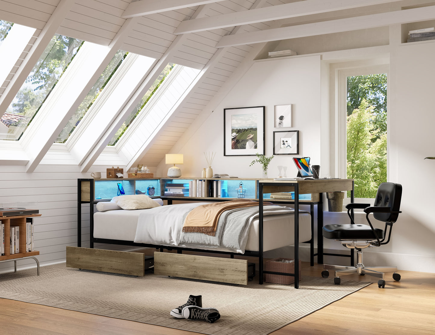 Corner Bed Frame Twin Size with Bookcase and 2 Underbed Storage Drawers, Modern Twin Bed with LED Light and Charging Station, Grey image 8