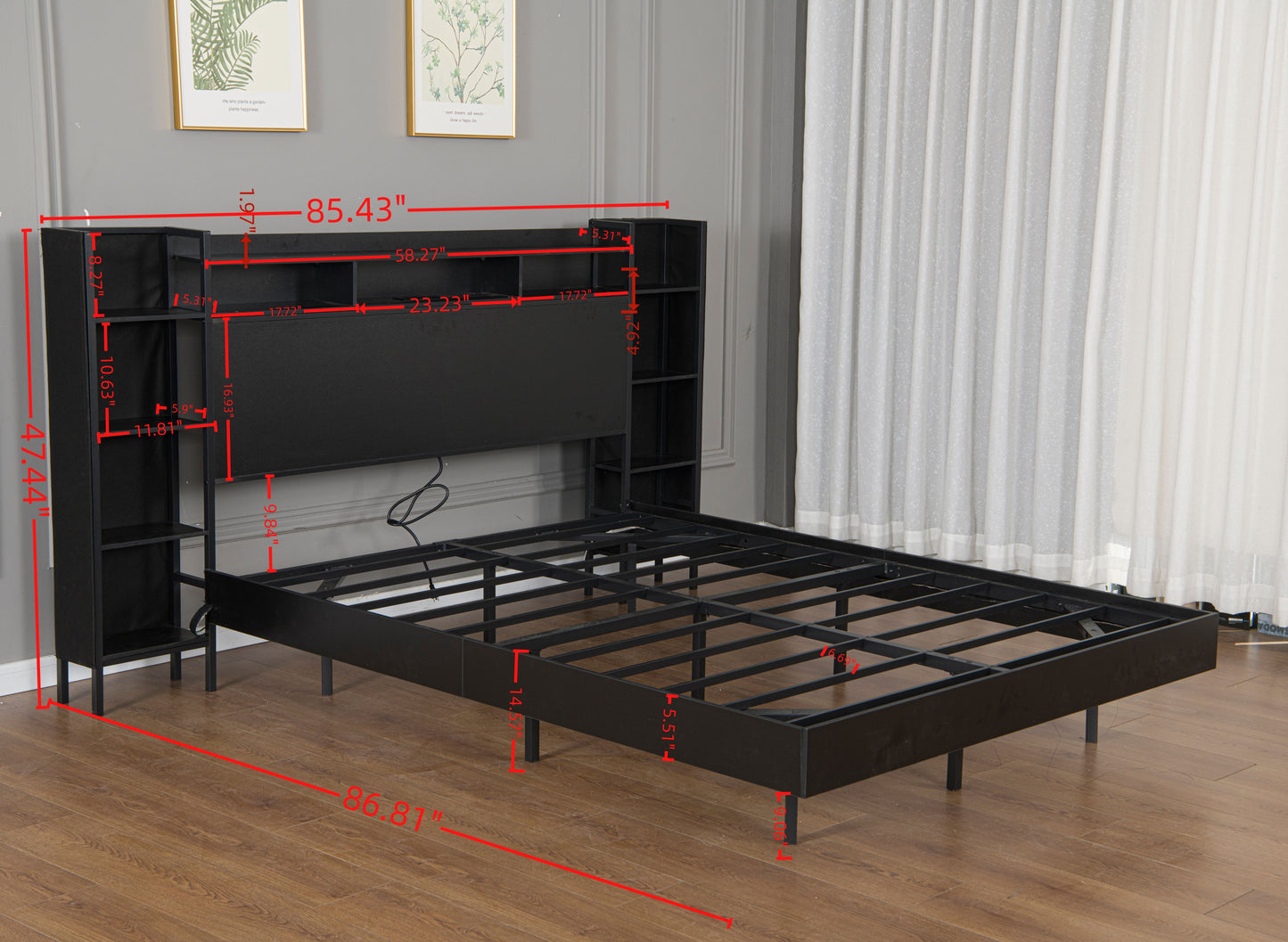 Queen Size Floating Bed Frame with USB Charging Station, Storage Headboard and with Led Light, Heavy Duty Metal Platform Bed Frame, No Box Spring Needed, Black image 7