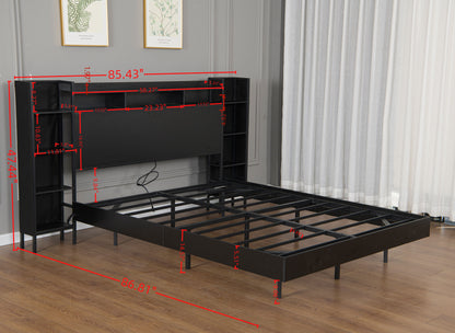 Queen Size Floating Bed Frame with USB Charging Station, Storage Headboard and with Led Light, Heavy Duty Metal Platform Bed Frame, No Box Spring Needed, Black image 7