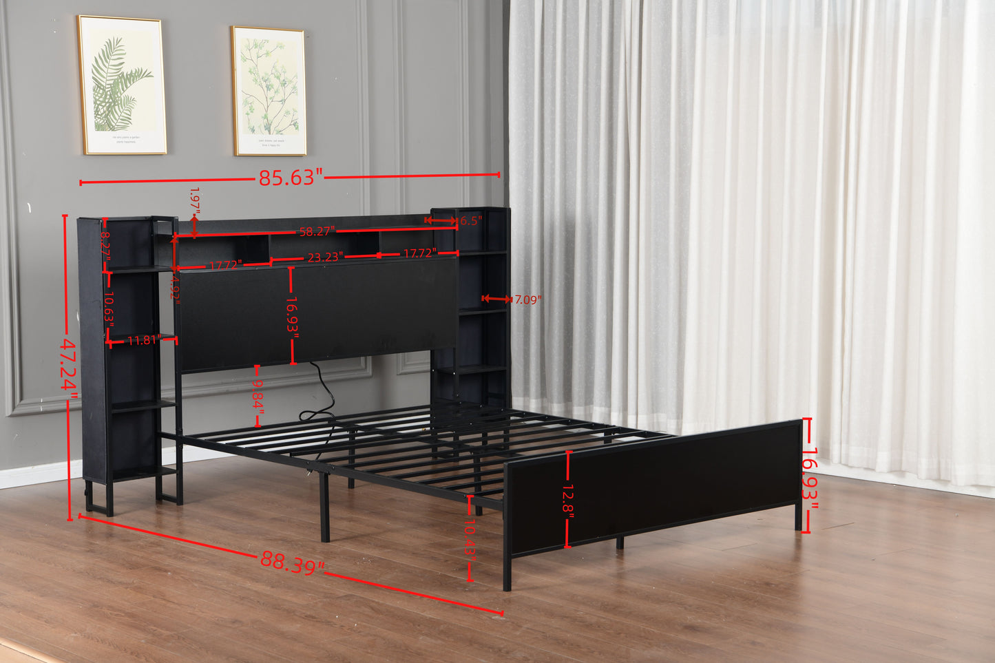 Queen Size Bed Frame with USB Charging Station, Storage Headboard and with Led Light, Heavy Duty Metal Platform Bed Frame, No Box Spring Needed, Black image 5