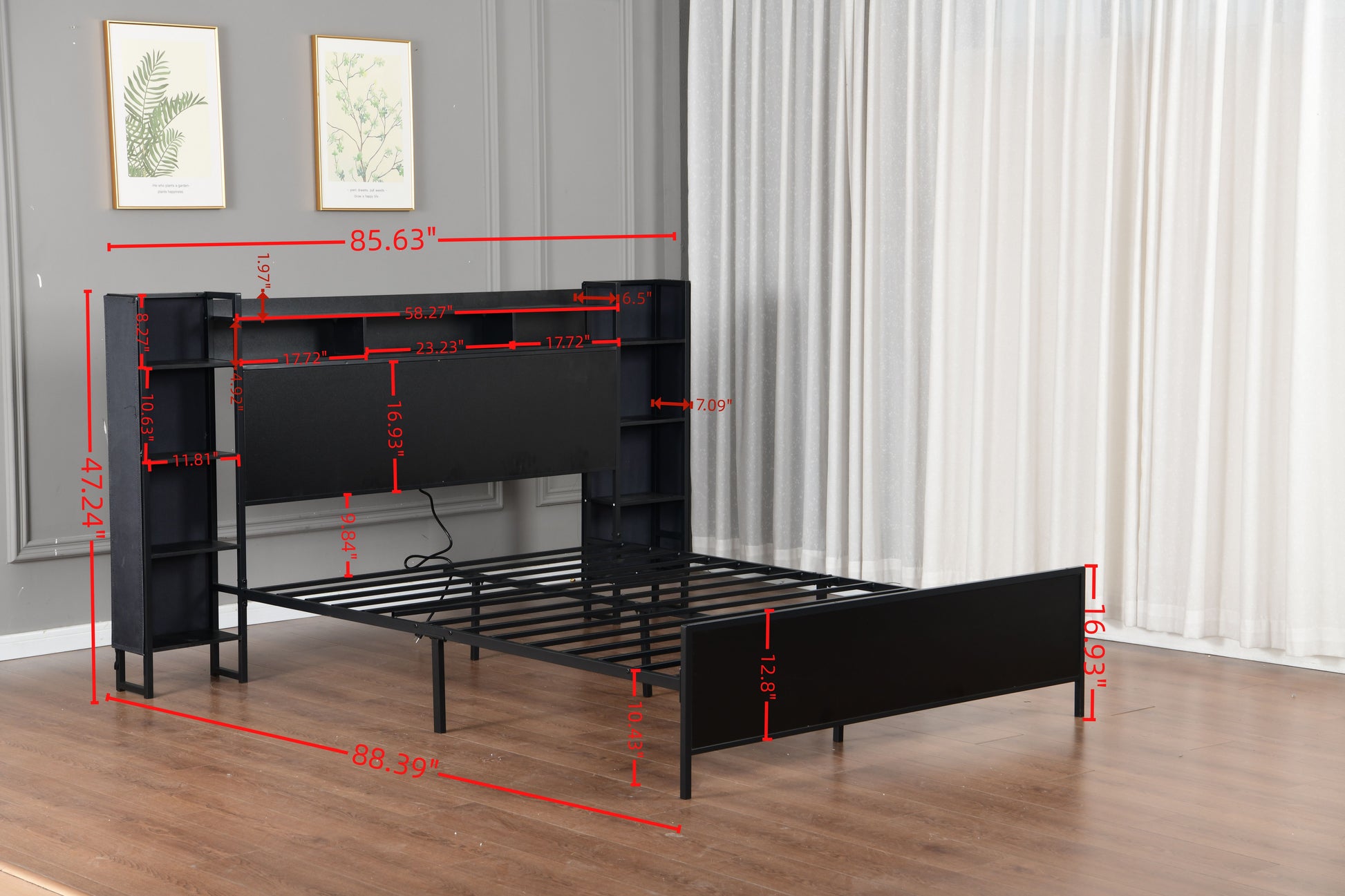 Queen Size Bed Frame with USB Charging Station, Storage Headboard and with Led Light, Heavy Duty Metal Platform Bed Frame, No Box Spring Needed, Black image 5