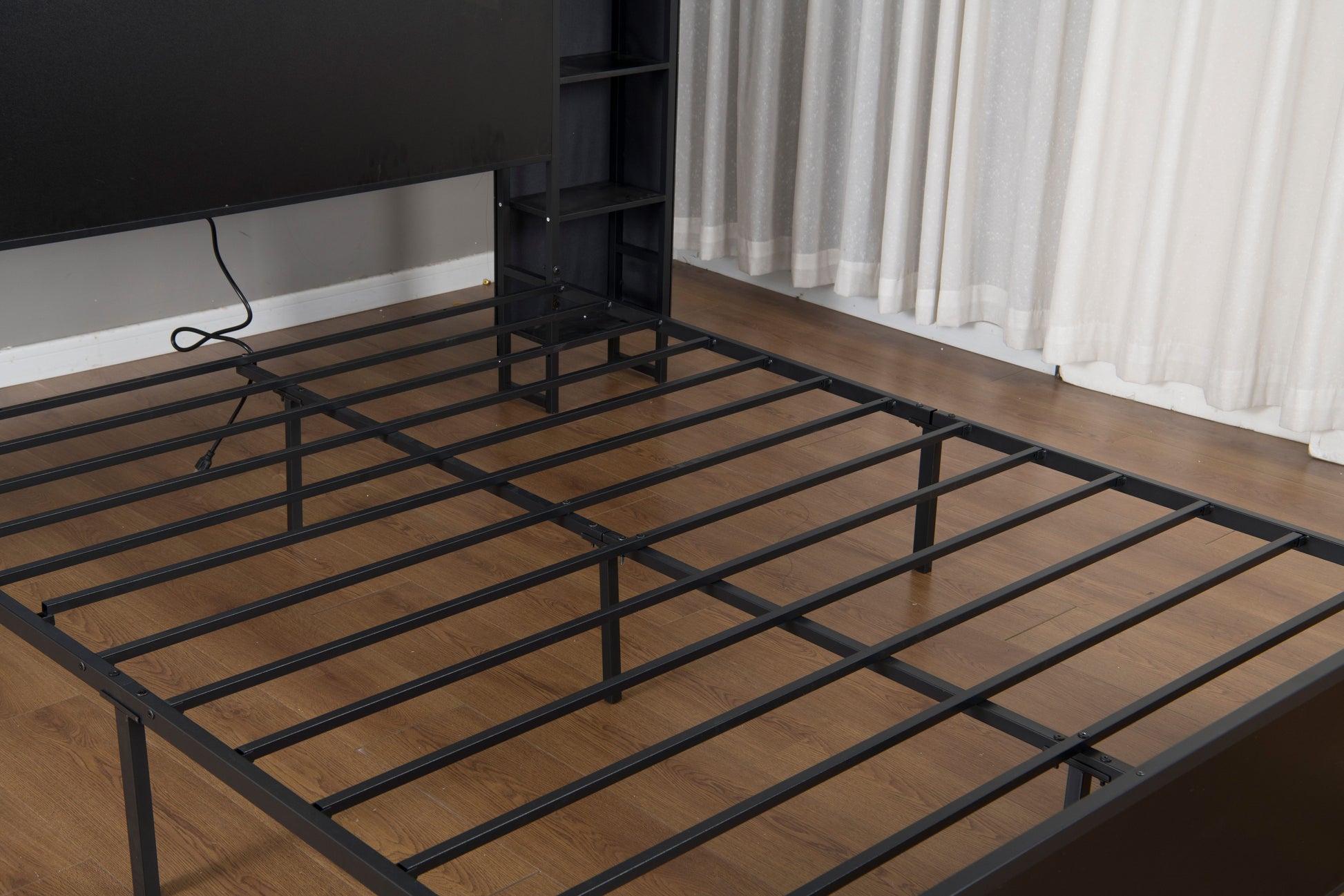 Queen Size Bed Frame with USB Charging Station, Storage Headboard and with Led Light, Heavy Duty Metal Platform Bed Frame, No Box Spring Needed, Black image 7