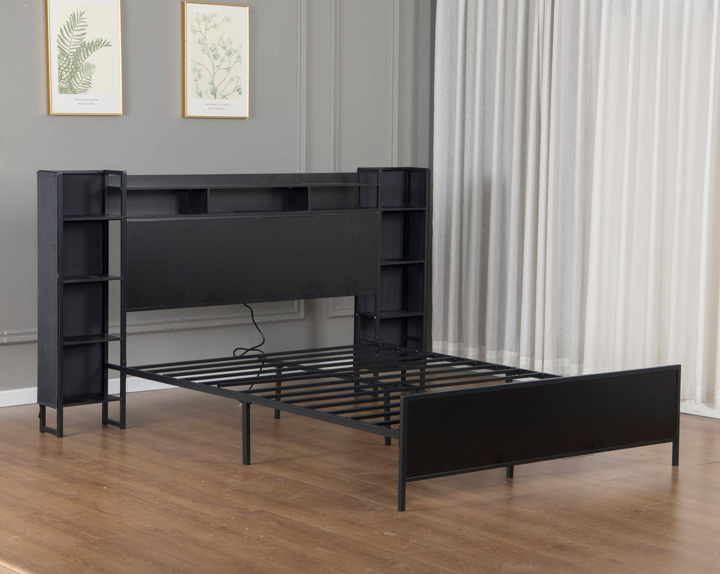 Queen Size Bed Frame with USB Charging Station, Storage Headboard and with Led Light, Heavy Duty Metal Platform Bed Frame, No Box Spring Needed, Black image 9