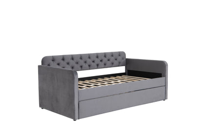 Twin Size Upholstered Daybed with Trundle and USB Charging Design, Velvet Upholstered Daybed Frame, Twin Sofa Bed for Living Room Bedroom, No Box Spring Needed,Plush velvet fabric dark grey 18# image 10