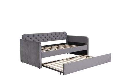 Twin Size Upholstered Daybed with Trundle and USB Charging Design, Velvet Upholstered Daybed Frame, Twin Sofa Bed for Living Room Bedroom, No Box Spring Needed,Plush velvet fabric dark grey 18# image 11