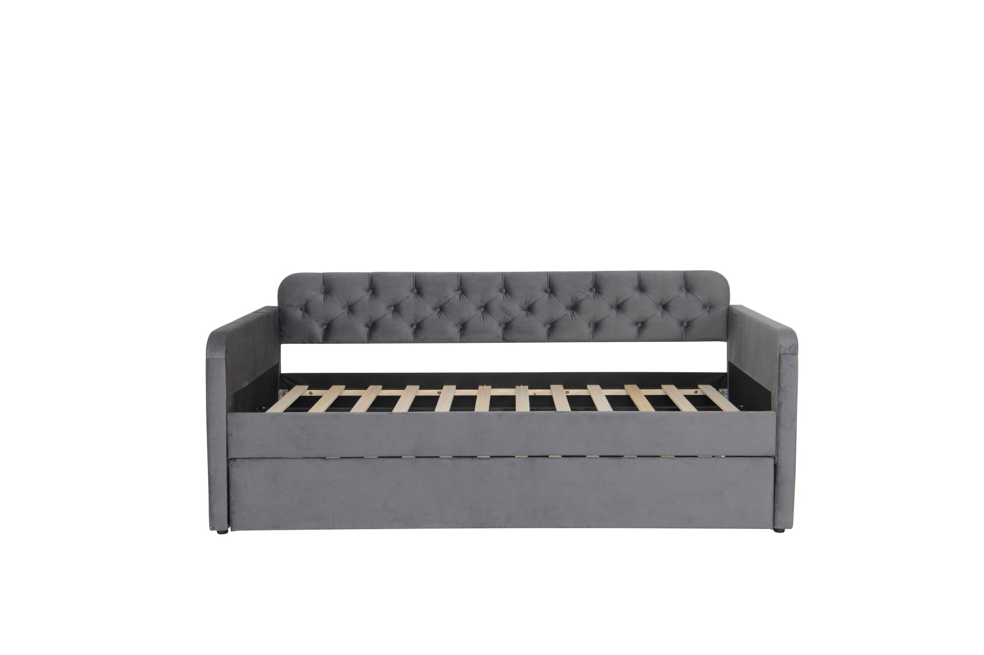 Twin Size Upholstered Daybed with Trundle and USB Charging Design, Velvet Upholstered Daybed Frame, Twin Sofa Bed for Living Room Bedroom, No Box Spring Needed,Plush velvet fabric dark grey 18# image 9