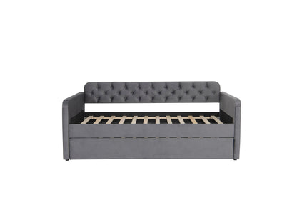 Twin Size Upholstered Daybed with Trundle and USB Charging Design, Velvet Upholstered Daybed Frame, Twin Sofa Bed for Living Room Bedroom, No Box Spring Needed,Plush velvet fabric dark grey 18# image 9