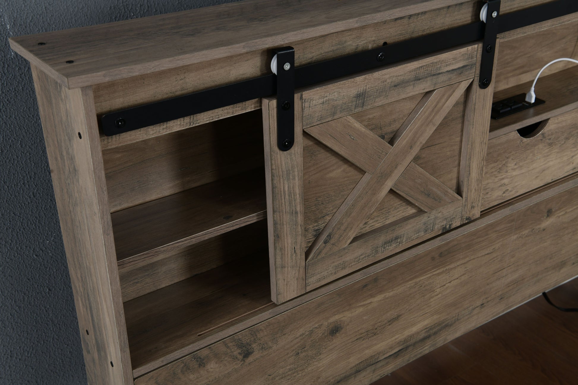 Farmhouse Bed Frame King Size with LED Lights and Charging Station, Wooden KING Bed with 2 Storage Drawers, Rustic Headboard with Sliding Barn Door Storage Cabinets image 10