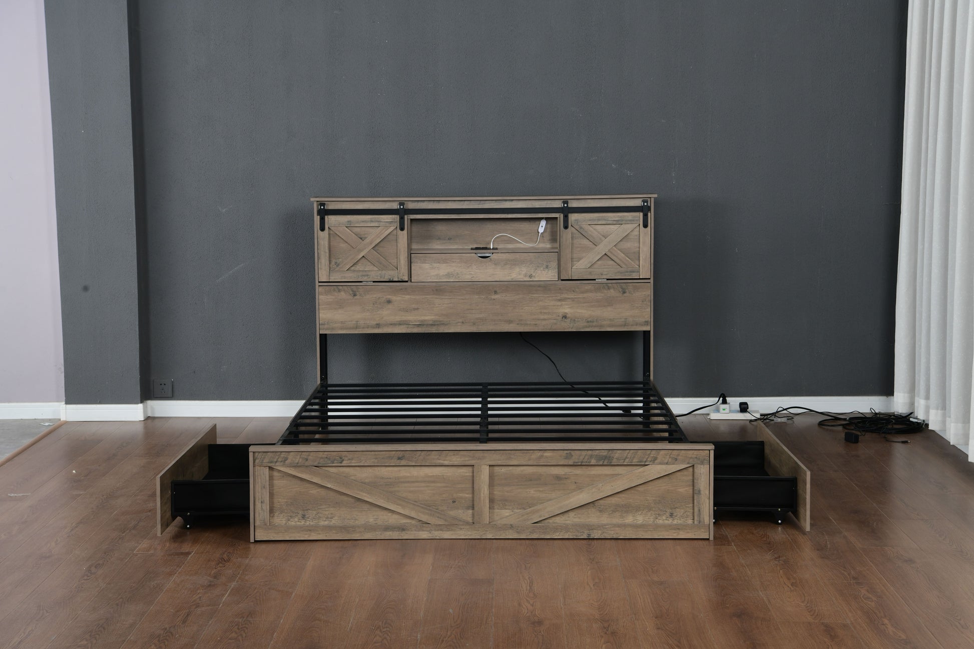 Farmhouse Bed Frame King Size with LED Lights and Charging Station, Wooden KING Bed with 2 Storage Drawers, Rustic Headboard with Sliding Barn Door Storage Cabinets image 11