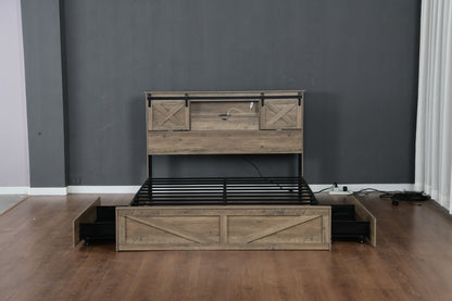 Farmhouse Bed Frame King Size with LED Lights and Charging Station, Wooden KING Bed with 2 Storage Drawers, Rustic Headboard with Sliding Barn Door Storage Cabinets image 11