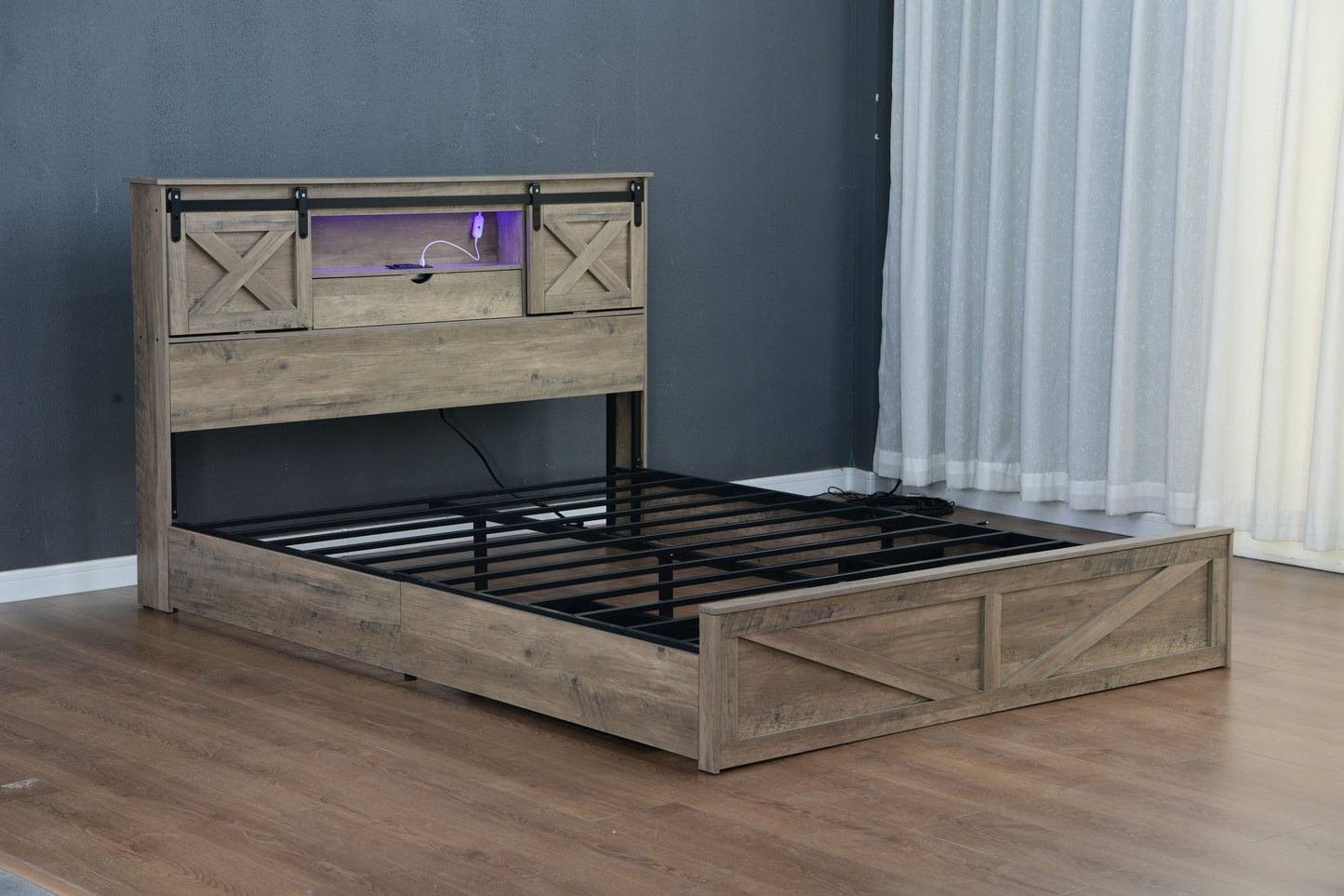 Farmhouse Bed Frame King Size with LED Lights and Charging Station, Wooden KING Bed with 2 Storage Drawers, Rustic Headboard with Sliding Barn Door Storage Cabinets image 12
