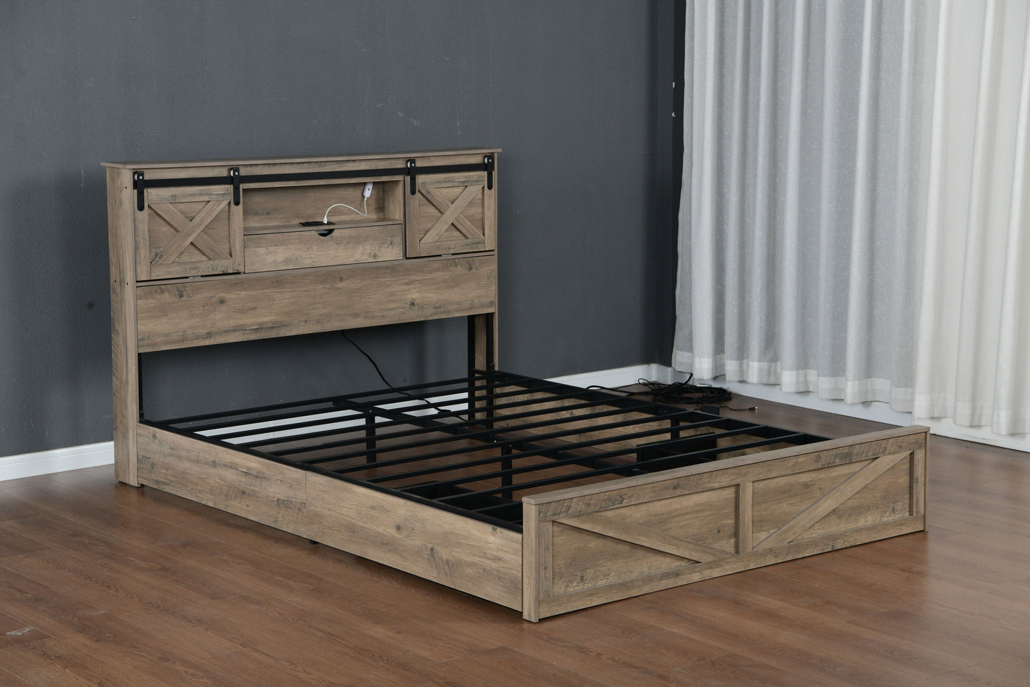 Farmhouse Bed Frame King Size with LED Lights and Charging Station, Wooden KING Bed with 2 Storage Drawers, Rustic Headboard with Sliding Barn Door Storage Cabinets image 5