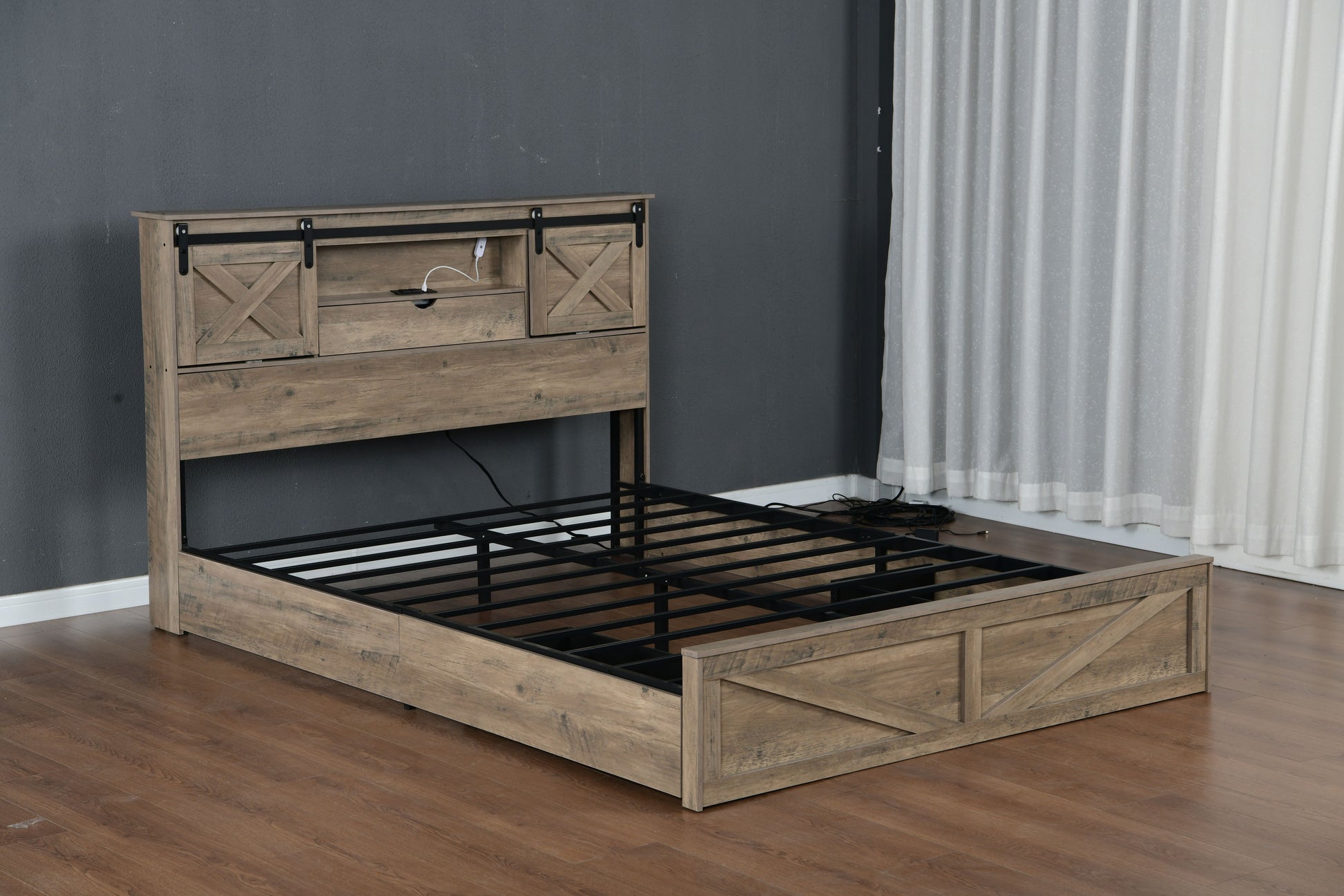 Farmhouse Bed Frame King Size with LED Lights and Charging Station, Wooden KING Bed with 2 Storage Drawers, Rustic Headboard with Sliding Barn Door Storage Cabinets image 5
