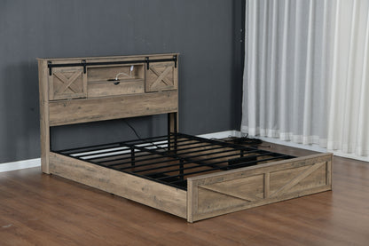 Farmhouse Bed Frame King Size with LED Lights and Charging Station, Wooden KING Bed with 2 Storage Drawers, Rustic Headboard with Sliding Barn Door Storage Cabinets image 5