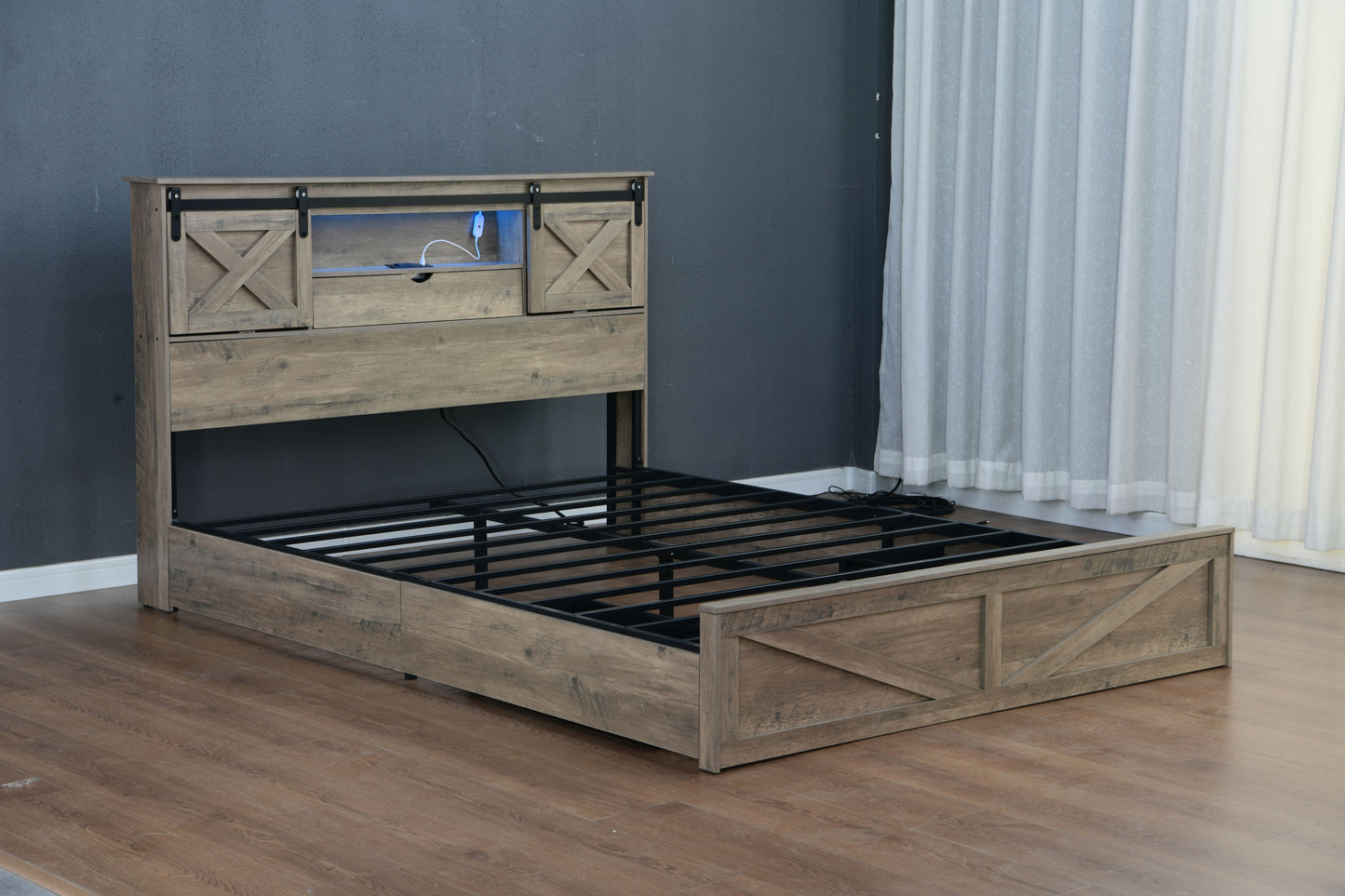 Farmhouse Bed Frame King Size with LED Lights and Charging Station, Wooden KING Bed with 2 Storage Drawers, Rustic Headboard with Sliding Barn Door Storage Cabinets image 6