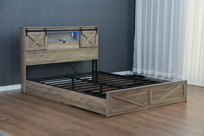 Farmhouse Bed Frame King Size with LED Lights and Charging Station, Wooden KING Bed with 2 Storage Drawers, Rustic Headboard with Sliding Barn Door Storage Cabinets image 6