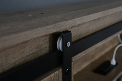 Farmhouse Bed Frame King Size with LED Lights and Charging Station, Wooden KING Bed with 2 Storage Drawers, Rustic Headboard with Sliding Barn Door Storage Cabinets image 8