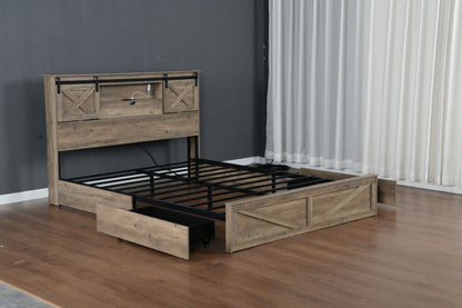 Farmhouse Bed Frame King Size with LED Lights and Charging Station, Wooden KING Bed with 2 Storage Drawers, Rustic Headboard with Sliding Barn Door Storage Cabinets image 9
