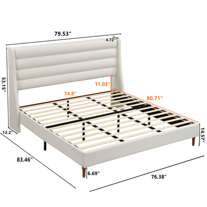 King Size Bed Frame High Headboard Upholstered Platform Bed with Wave - Shaped Headboard, Premium Chenille Fabric, Modern Minimalist Platform Bed No Box Spring Needed, Easy Assembly, Ivory image 10