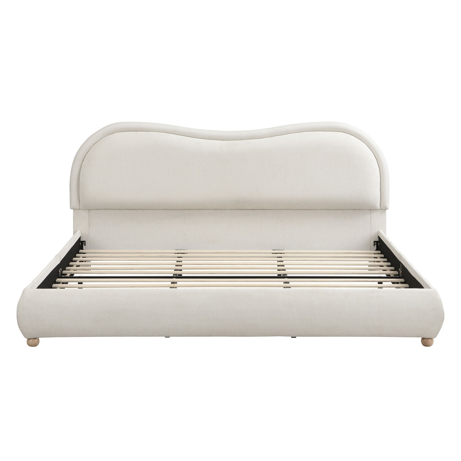 King Size Upholstered Platform Bed Frame with Rounded Corners curved headboard, Wooden Slats, Oak Solid Wood Legs, chenille fabric, No Box Spring Needed, Easy Assembly, Beige image 10