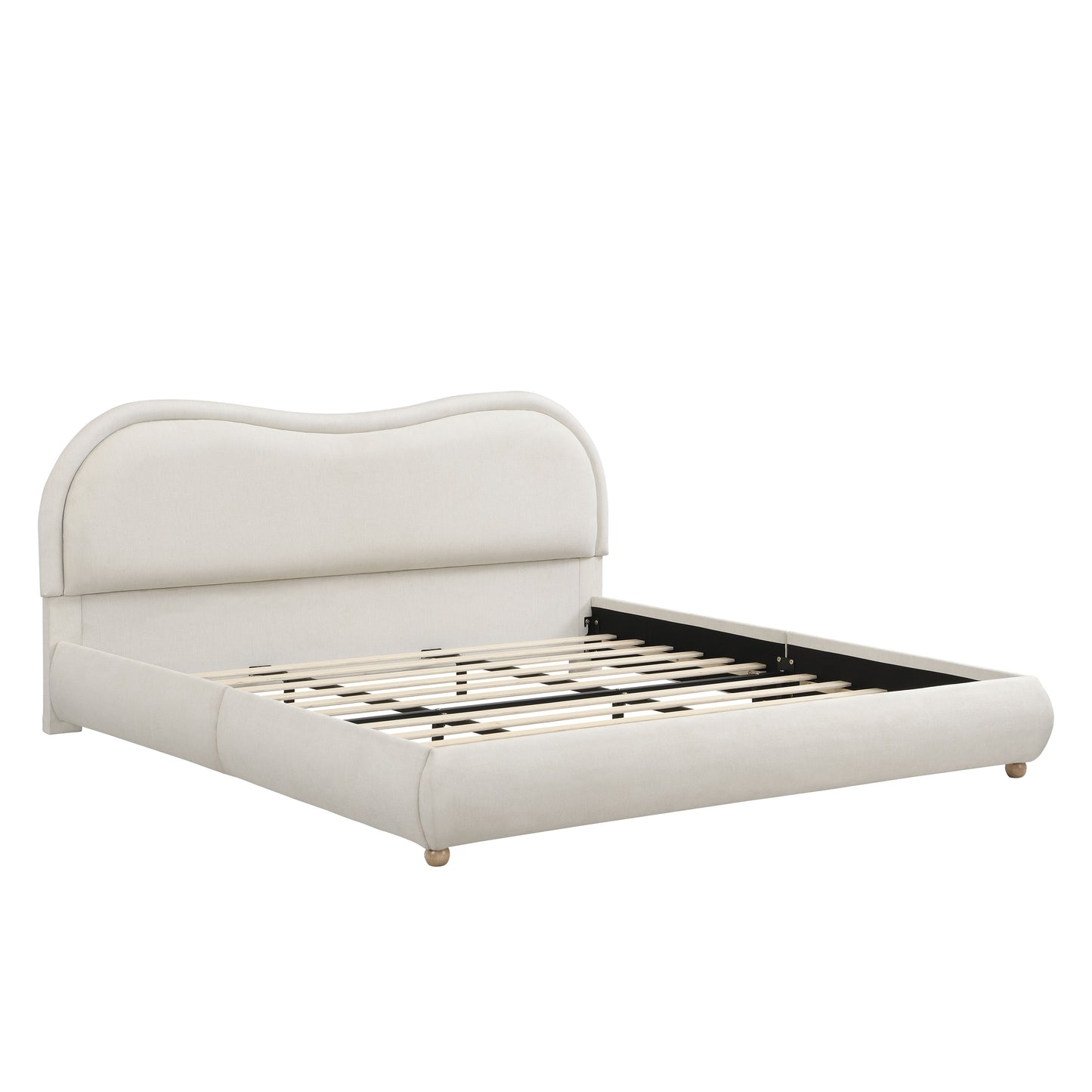 King Size Upholstered Platform Bed Frame with Rounded Corners curved headboard, Wooden Slats, Oak Solid Wood Legs, chenille fabric, No Box Spring Needed, Easy Assembly, Beige image 11
