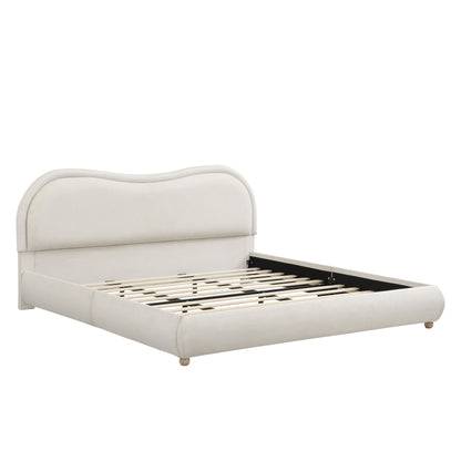 King Size Upholstered Platform Bed Frame with Rounded Corners curved headboard, Wooden Slats, Oak Solid Wood Legs, chenille fabric, No Box Spring Needed, Easy Assembly, Beige image 11