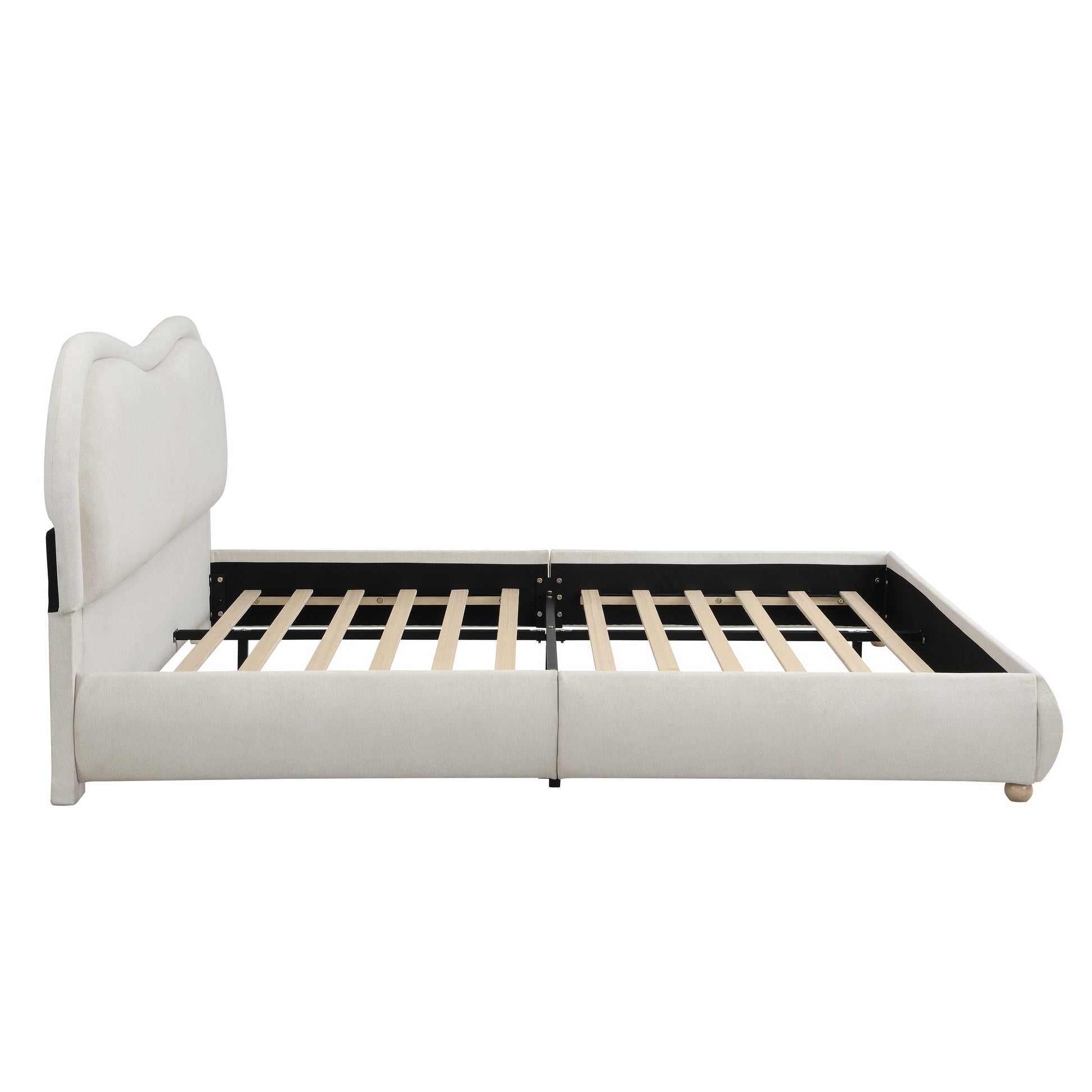 King Size Upholstered Platform Bed Frame with Rounded Corners curved headboard, Wooden Slats, Oak Solid Wood Legs, chenille fabric, No Box Spring Needed, Easy Assembly, Beige image 12