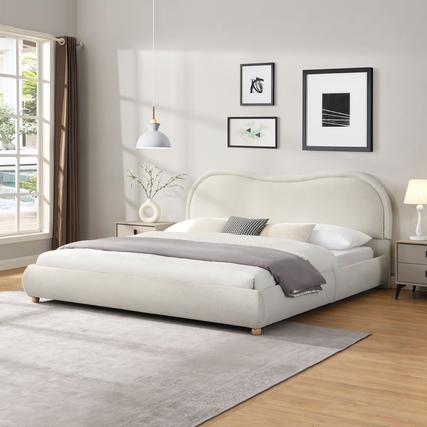 King Size Upholstered Platform Bed Frame with Rounded Corners curved headboard, Wooden Slats, Oak Solid Wood Legs, chenille fabric, No Box Spring Needed, Easy Assembly, Beige image 2