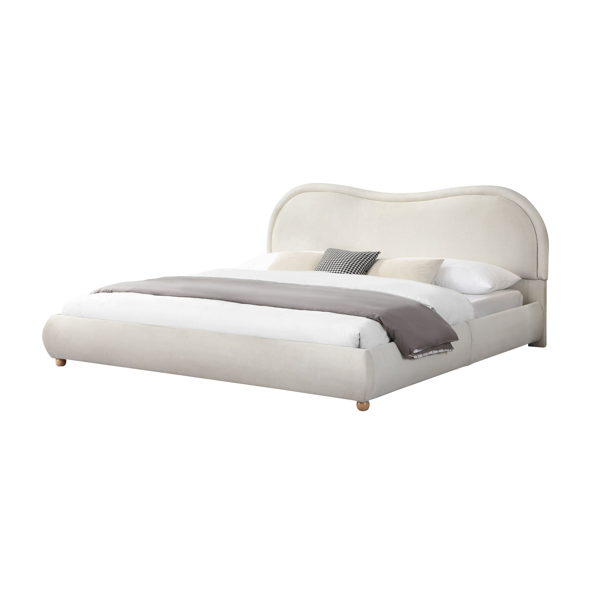 King Size Upholstered Platform Bed Frame with Rounded Corners curved headboard, Wooden Slats, Oak Solid Wood Legs, chenille fabric, No Box Spring Needed, Easy Assembly, Beige image 8