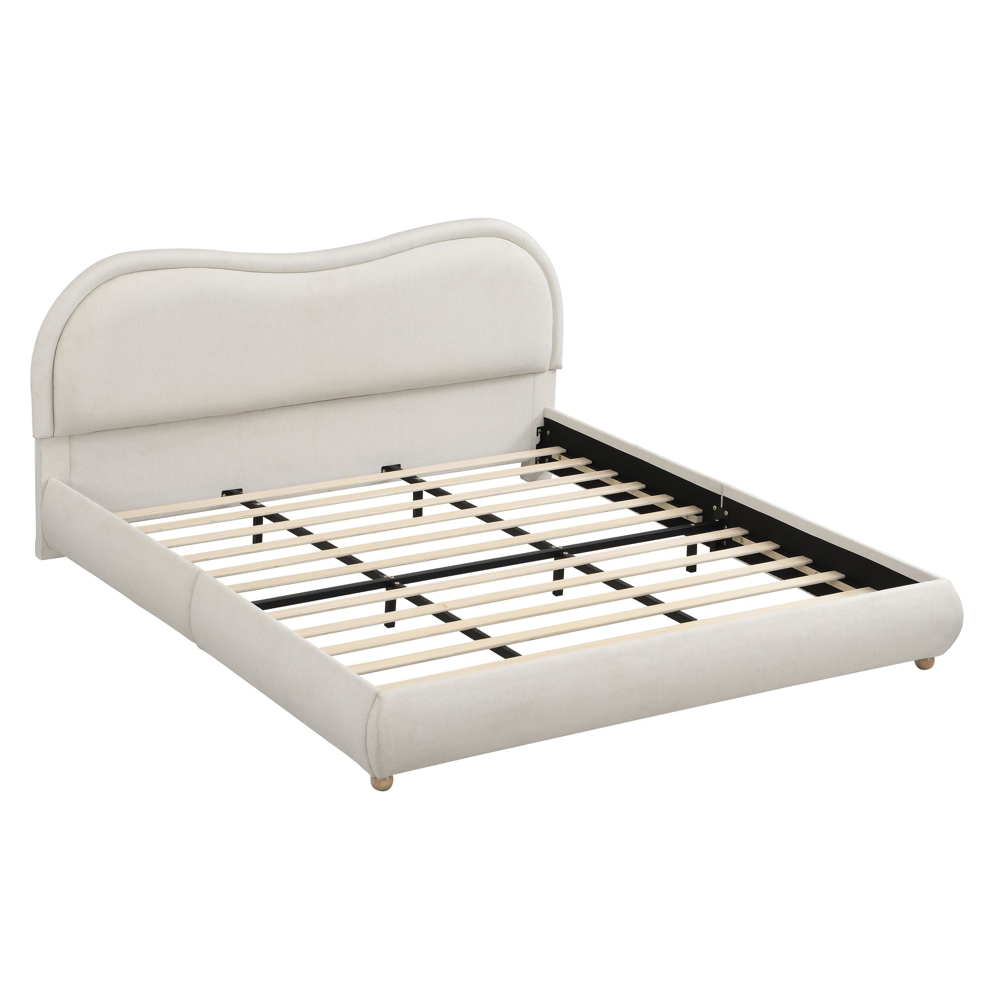 King Size Upholstered Platform Bed Frame with Rounded Corners curved headboard, Wooden Slats, Oak Solid Wood Legs, chenille fabric, No Box Spring Needed, Easy Assembly, Beige image 9