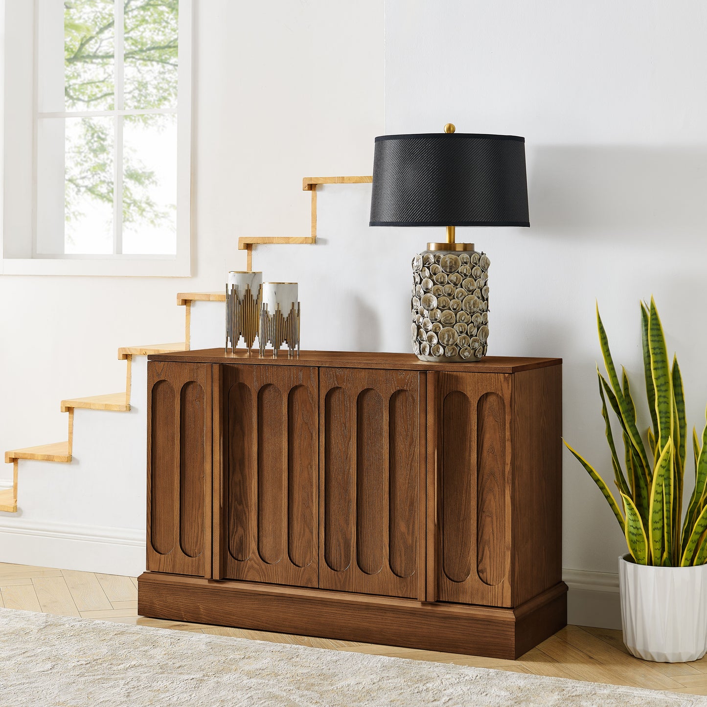 Mid Century Modern Fluted Sideboard Cabinet with Adjustable Shelves & Sturdy Base, Buffet Cabinet with Storage, Storage Cabinet for Living Room Entryway Hallway Dining Room Kitchen, Walnut image 2