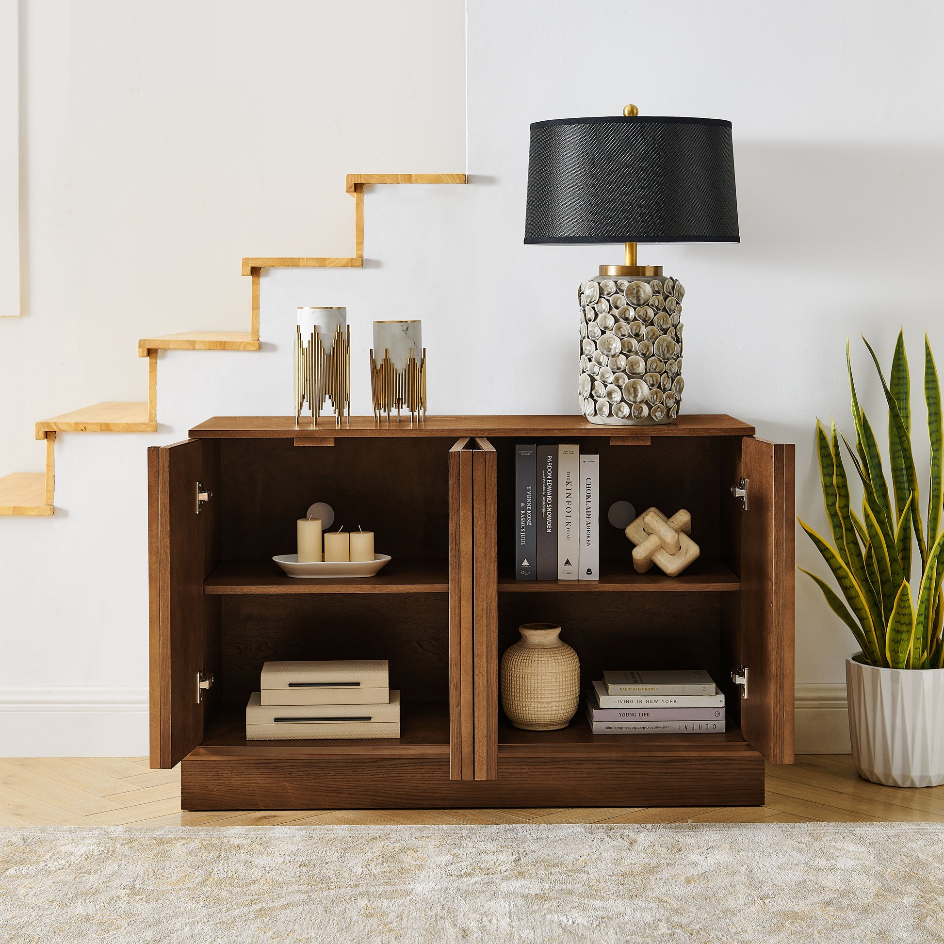 Mid Century Modern Fluted Sideboard Cabinet with Adjustable Shelves & Sturdy Base, Buffet Cabinet with Storage, Storage Cabinet for Living Room Entryway Hallway Dining Room Kitchen, Walnut image 3