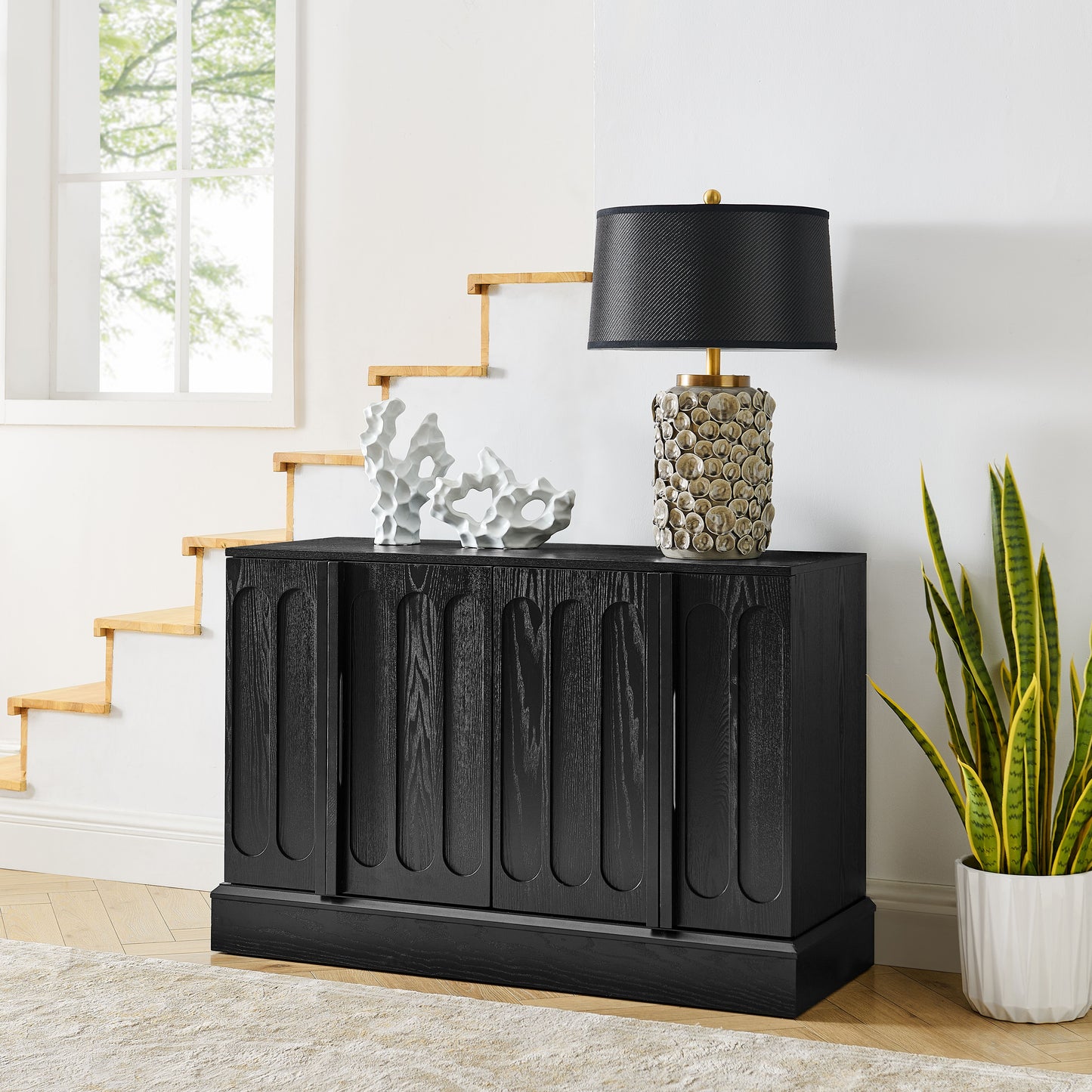 Mid Century Modern Fluted Sideboard Cabinet with Adjustable Shelves & Sturdy Base, Buffet Cabinet with Storage, Storage Cabinet for Living Room Entryway Hallway Dining Room Kitchen, Black image 1