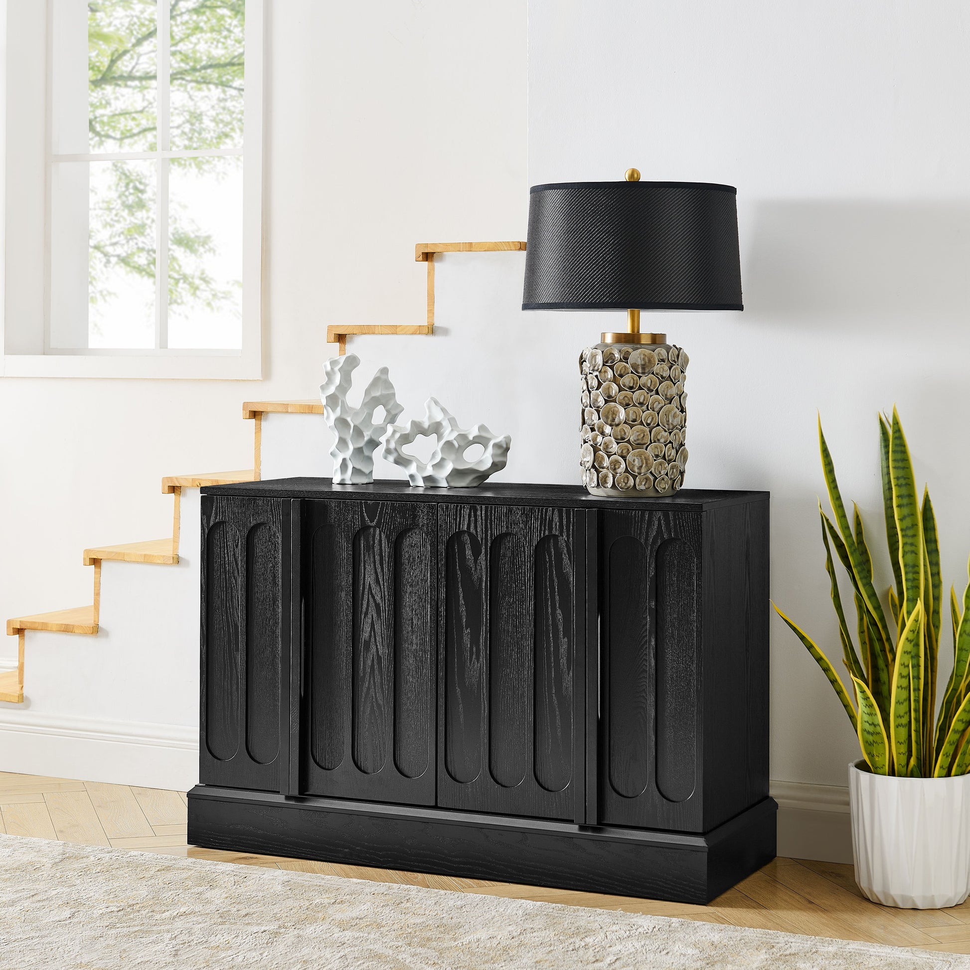 Mid Century Modern Fluted Sideboard Cabinet with Adjustable Shelves & Sturdy Base, Buffet Cabinet with Storage, Storage Cabinet for Living Room Entryway Hallway Dining Room Kitchen, Black image 1