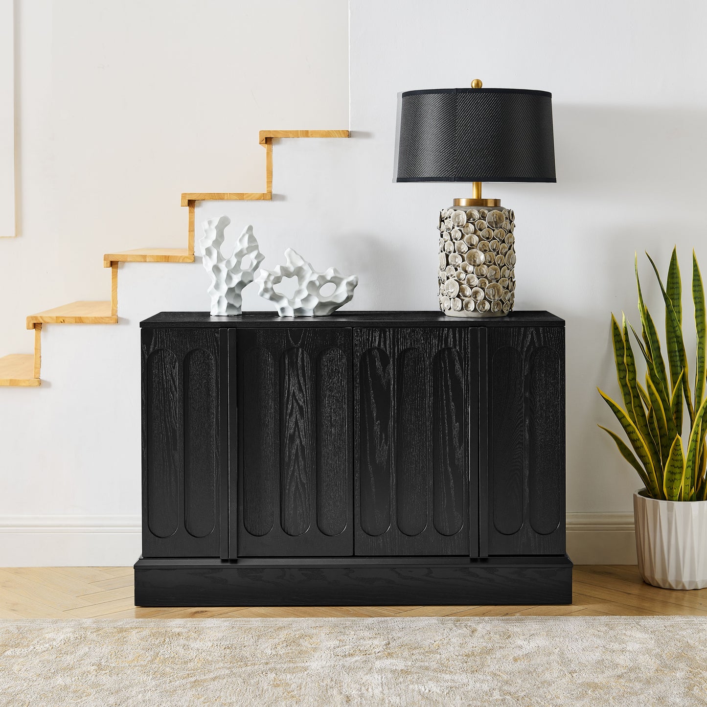 Mid Century Modern Fluted Sideboard Cabinet with Adjustable Shelves & Sturdy Base, Buffet Cabinet with Storage, Storage Cabinet for Living Room Entryway Hallway Dining Room Kitchen, Black image 2
