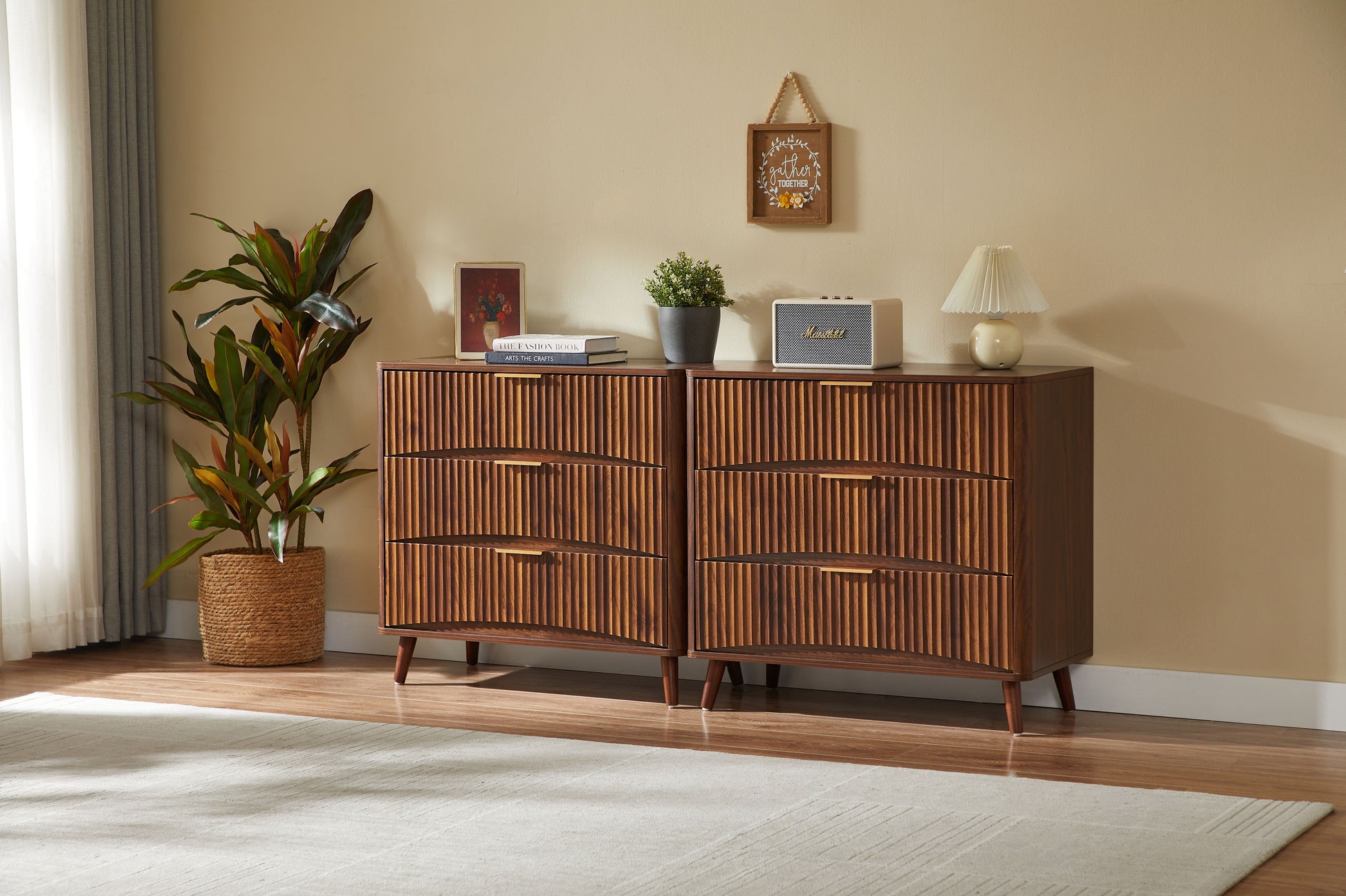 Fluted 3 Drawer Dresser, Mid-Century Modern Tall Chest of Drawers with Vertical Grooved Design, Solid Wood Storage Cabinet with Metal Handles for Bedroom Living Room, Walnut (31.5"W x 15"D x 30"H) image 6