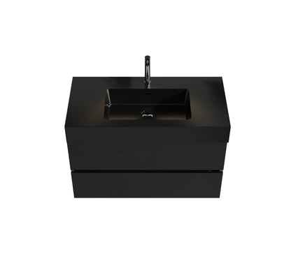 Grace 36" Walnut Bathroom Vanity with Matt Black Engineered Quartz Sink and Soft Black Drawers, Wall Mounted Floating Bathroom Vanity for Modern Bathroom, without drainage and faucet, KD image 10