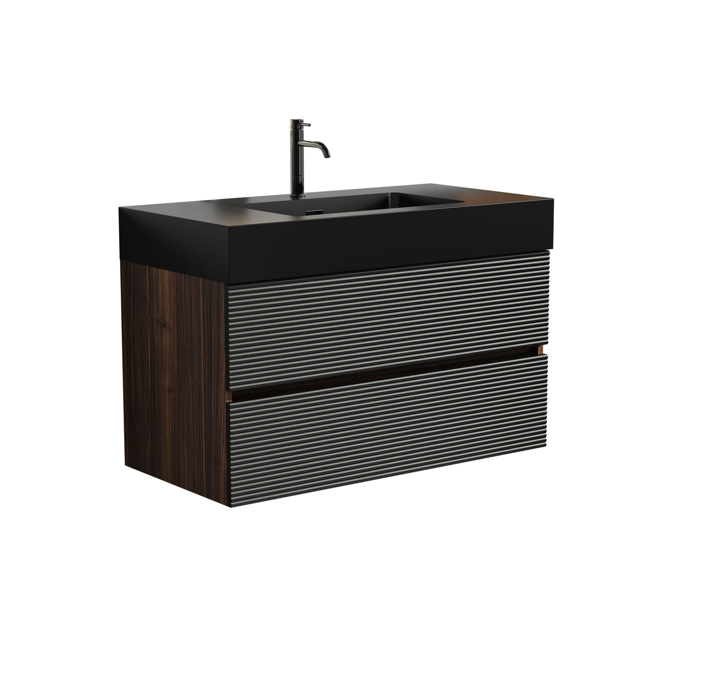 Grace 36" Walnut Bathroom Vanity with Matt Black Engineered Quartz Sink and Soft Black Drawers, Wall Mounted Floating Bathroom Vanity for Modern Bathroom, without drainage and faucet, KD image 7