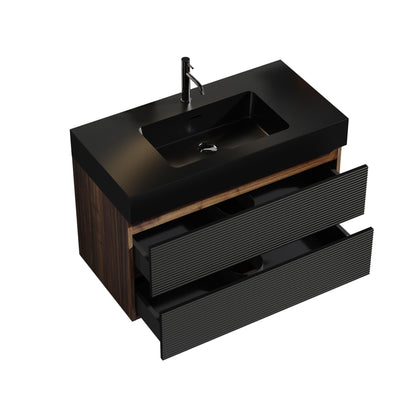 Grace 36" Walnut Bathroom Vanity with Matt Black Engineered Quartz Sink and Soft Black Drawers, Wall Mounted Floating Bathroom Vanity for Modern Bathroom, without drainage and faucet, KD image 8