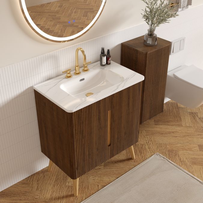 Etna 30"F Striped Walnut Bathroom Vanity with Carrara White Sink, Freestanding & Wall Mounted Bathroom Cabinet Options for Modern Bathrooms, KD image 2