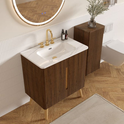 Etna 30"F Striped Walnut Bathroom Vanity with Carrara White Sink, Freestanding & Wall Mounted Bathroom Cabinet Options for Modern Bathrooms, KD image 2